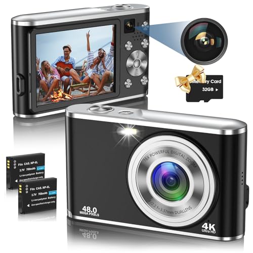 Cámara Digital, 4K Cámara Digital Compacta con Tarjeta SD 32G Cámara Dual Delantera y Trasera, HD 48MP con Pantalla Grande de 2.8', Zoom Digital 16X, para Principiantes(Negro)
