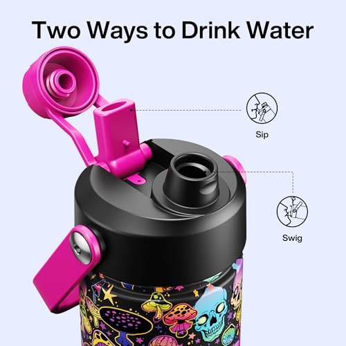 Image of ENCOOL Insulated Water Bottle with Straw Stainless Steel Water Bottle, Leak-Proof, BPA-Free, Double Wall Vacuum Keeps Cold for 24 Hours for Sports, Travel, School (26 oz, Trippy Skulls)