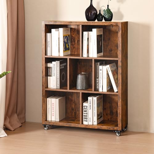 FUSUNBAO 7-Cube Style Bookshelf with Wheels,Frame Industrial Style Book Storage,Organizer Bookcase,Floor Standing Fixed Shelves,Display Shelves Cabinet for Living Room/Bedroom/Office(Antique Brown)