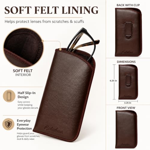 Image of Calabria Slim Eyeglass Case with Felt Lining -Brown (3 Pack) PU Leather | Soft Slip-In Glasses Sleeve | Pocket Clip Option | Protective Slim Eye Glasses Case Soft Pouch