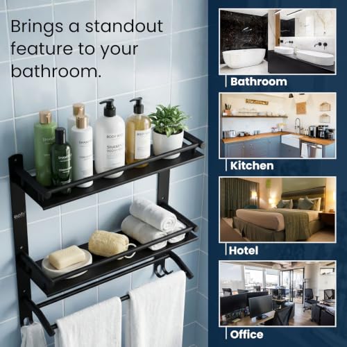 Image of GLOXY Premium Combo Pack of 3 Matte Black Stainless Steel Bathroom Shelves | 2-Layer Storage Rack with Towel Holder Bathroom Organizer for Home, Office & Restaurants
