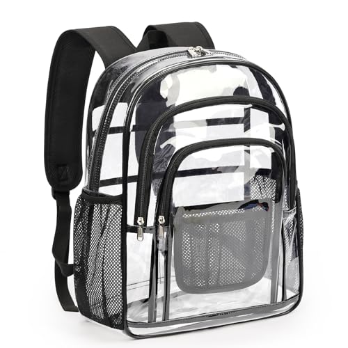 ZORFIN Clear Backpack Heavy Duty for School – 17in Transparent PVC Bag with Large Capacity & Reinforced Straps for Men, Women, Boys & Girls - See Through Bookbag for College Workplace Security, Black