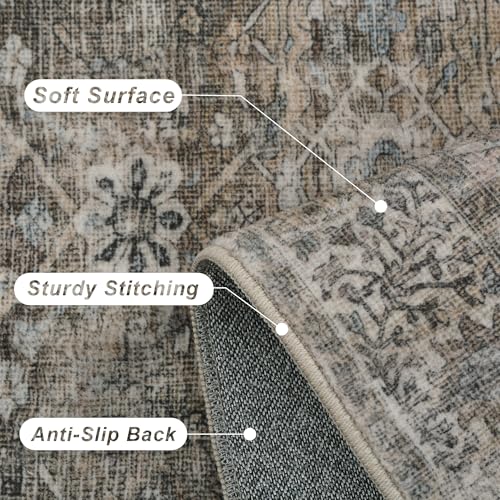 Image of 9x12 Washable Area Rug for Living Room Bedroom Grey Brown Low Pile Soft Non-Slip Boho Rug for Under Table Vintage Distressed Carpet for Bedroom Kitchen Office Dining Room Antique /Moss