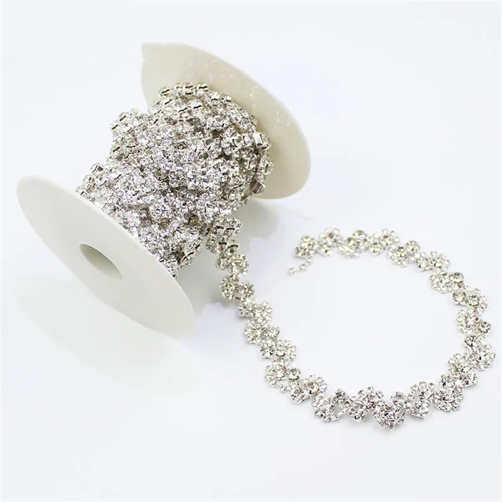 Generic 1/5Yards 1.3Cm Zigzag Crystal Metal Chain Rhinestone Trim for Wedding Dress Shoes Hat Bags Silver Crystal 5 Yards