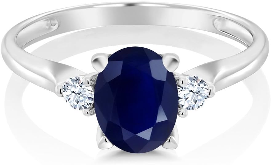 Gem Stone King 10K White Gold 3-Stone Engagement Ring For Women | Gemstone Birthstone and White Created Sapphire | Oval 8X6MM and Round 2.5MM | Three Stone Wedding Anniversary Promise Ring | Sizes