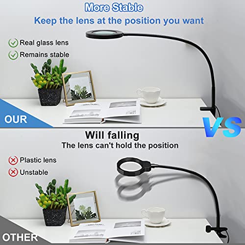 10X Magnifying Glass With Light, Real Glass Veemagni Desk Lamp With Clamp, 3 Color Modes Stepless Dimmable, Adjustable Gooseneck Led Lighted Magnifier With Light And Stand For Crafts Repair Close Work #TOP4