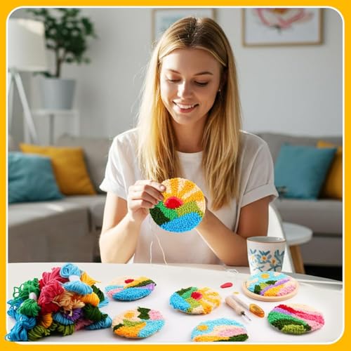 Image of Punch Needle Coasters Kit for Beginners Adults Easy Needle Punch Embroidery Kit Set Threader Instruction Fabric Hoop Yarn Tufting Coaster DIY Making,Coaster Holder Coaster Art Craft Supplies