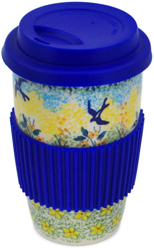 Polmedia Polish Pottery Travel Coffee Mug 6-inch UNIKAT - Birds In The Sunset Pattern Handmade in Boleslawiec Poland + Certificate of Authenticity