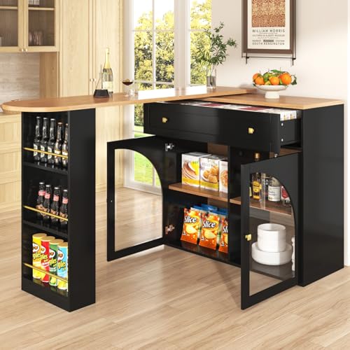 PUGSDRLY Table de Bar Extensible avec Espace de Rangement,Table Bar Cuisine Pivotant à 360°,2 Porte en Verre et 1 Tiroir,Compartiment Ouvert,Comptoir de...