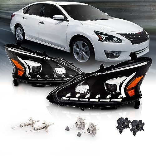 AmeriLite Projector Halogen Headlights LED Bar Style Set For 2013-2015 Nissan Altima 4 Door Sedan - Passenger and Driver Side, Vehicle Light Assembly, Black Housing
