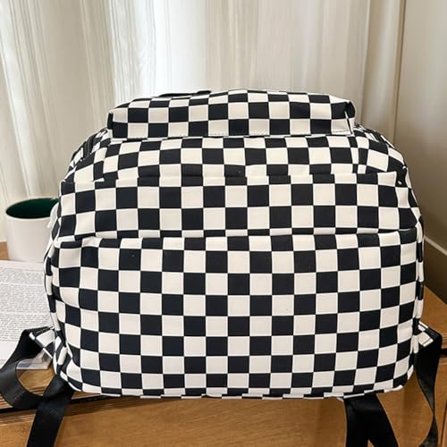 Aesthetic Checkered Backpack with Kawaii Pendant for and Teens (Black)2
