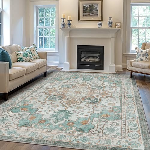 GENIMO 9x12 Area Rugs for Living Room, Machine Washable Non Slip Vintage Rugs, Low Pile Lightweight Chenille Print Rug for Bedroom, Dining Room, Home Office, Cyan