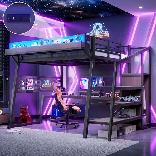 Image of Bellemave Full Size Gaming Loft Bed with Desk and Wardrobe Storage Stairs,Shelves, LED USB, Loft Bed Full Size for Teens Metal, Black
