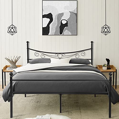 GrandCA HOME Cadre de lit Double avec tête de lit à Motif, Lit en métal pour Matelas 140x190cm, Noir Cover