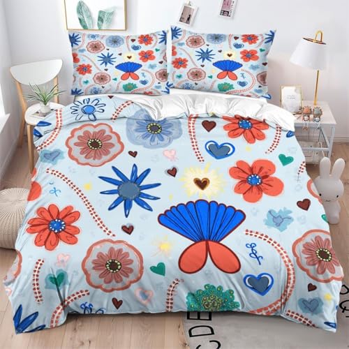 Fotmung Sábana 200x200 cm Estampado Flores Coloridas, Incluye 1 Funda de Edredón + 2 Fundas de Almohada, con Estampado 3D de Doble Cara, edoso al Tacto, Resistente al Descoloramiento y Manchas-D314