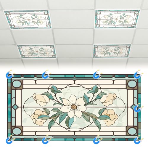 Glooglitter 4 Pcs Retro Floral Fluorescent Light Covers 4 x 2 ft Stained Glass Magnetic Office Light Cover for Ceiling with 10 Magnets Filter Reduce Glare for Classroom School Home