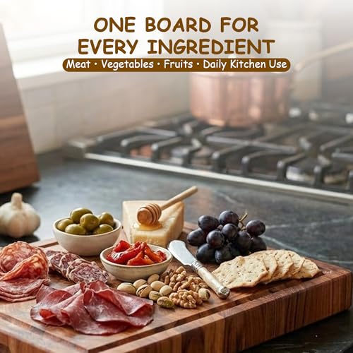 Tabla de Cortar SUUNYRA de Teca, 41,9 x 30,5 cm – Tabla de Madera de Grano Terminal Grande con Ranura para Jugos y Mango, Tabla de Picar Gruesa para Cocina, Carne y Charcutería miniatura 7