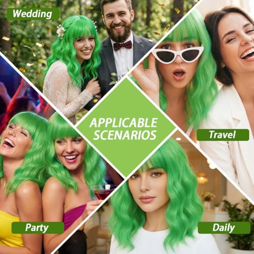 Image of Pastel Grass Green Wavy Bob Wig for Women, Short Shoulder Length Synthetic Wig with Bangs, Matte Natural Realistic Look Lightweight Hairpiece, Green Color for Daily Wear & Cosplay Costume