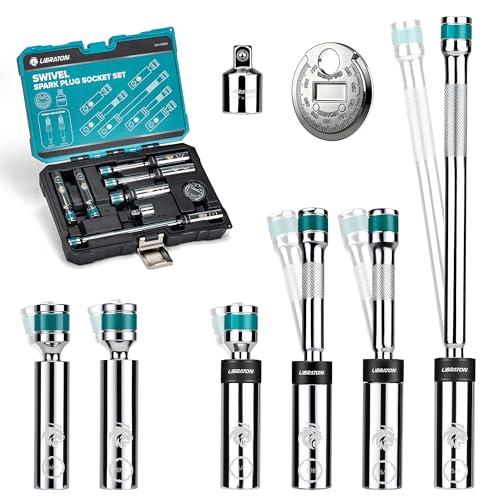 LIBRATON 8PCS 3/8Dr. Magnetic Spark Plug Socket Set Include Gapper & Extension Bar Swivel Head Thin Wall (5/8 9/16 14mm 16mm) 6&12 Point for Truck Motorcycle Auto Repair w/4 6 10 CR-V