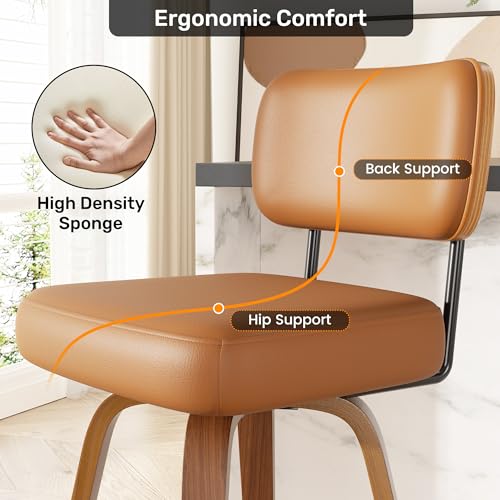 Image of Swivel Bar Stools Set of 1, 26 inch Upholstered Faux Leather Counter Height Barstools with Walnut Back & Bentwood Legs, Mid Century Modern Bar Chairs Island Stools for Kitchen Counter, Brown