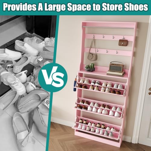 Image of Shoe Cabinet for Entryway with 3 Flip Drawers, Pink Tall Shoe Storage Cabinet with Coat Rack, Wood Narrow Slim Hidden Freestanding Shoe Rack Organizer, 2 in 1 Hall Tree for Living Room, Hallway