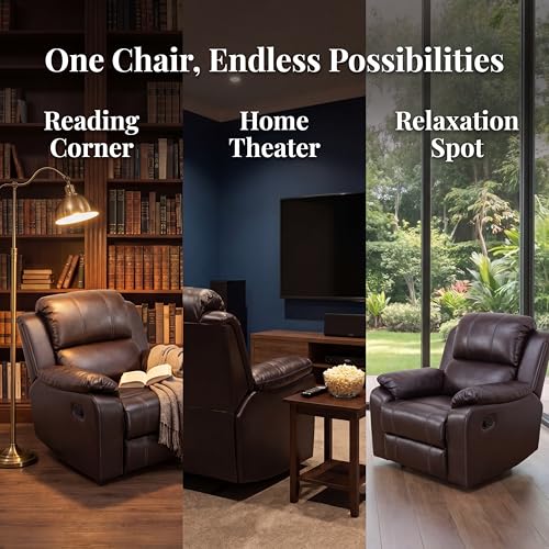 Image of Single Leather Manual Recliner Chair, Oversized Lazy Boy Recliner with Home Theater Seating, Breathable Living Room Reclining Chair for Adults Reading, Gaming, Relax, Brown