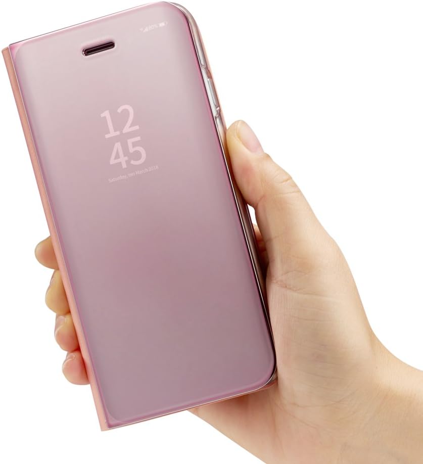 QLTYPRI iPhone 6 6S iPhone 7 iPhone 8 Case, Ultra Slim PC Shell PU Leather Back [Perspective] [Mirror] Semi-Transparent Cover Flip Case for iPhone 6/6S/7/8 - Rose Gold