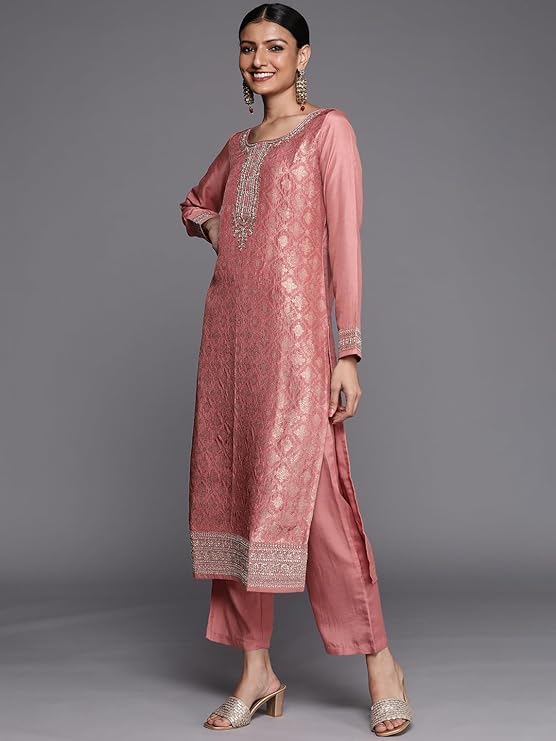 Image of Libas Woven Design Silk Blend Straight Kurta With Trouser and Dupatta