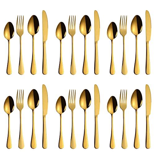 LAIION 24-Piece Golden Flatware Silverware Set,18/10 Heavy Duty Stainless Steel Flatware Service for 6,Cutlery Include Knife/Fork/Spoon/Coffee Spoon,Mirror Polished, Dishwasher Safety