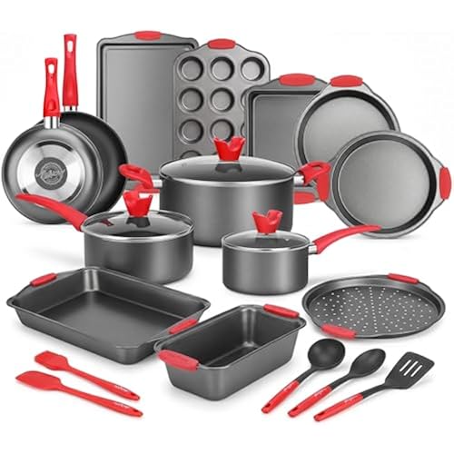 NutriChef 21-Piece Nonstick Cookware Set - PTFE/PFOA/PFOS Free Heat Resistant Lacquer Kitchen Ware Pots Pan w/ Cool-Touch Handles, Saucepan, Fry Pans, Lid, Bakeware, For Gas Electric Ceramic Cooktops
