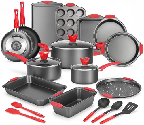 NutriChef 21-Piece Nonstick Cookware Set - PTFE/PFOA/PFOS Free Heat Resistant Lacquer Kitchen Ware Pots Pan w/ Cool-Touch Handles, Saucepan, Fry Pans, Lid, Bakeware, For Gas Electric Ceramic Cooktops