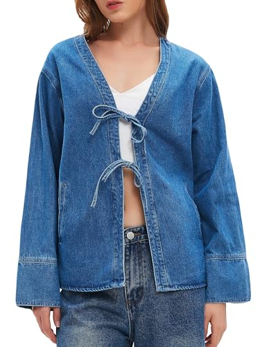 LifeShe Jean Jacket Women Tie Front Top Loose Wide Sleeve Denim Shacket Lightweight V Neck Coat2
