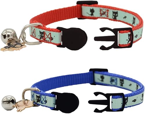 Miniatura 8 de Paquete de 2 collares para gatos que brillan en la oscuridad con campana, collares de seguridad para cachorros con colgante verde y amarillo