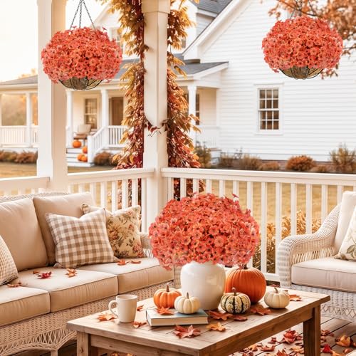 Image of Powbrace 60 Pack Artificial Fall Flowers Mums for Outdoor Indoor (Orange)