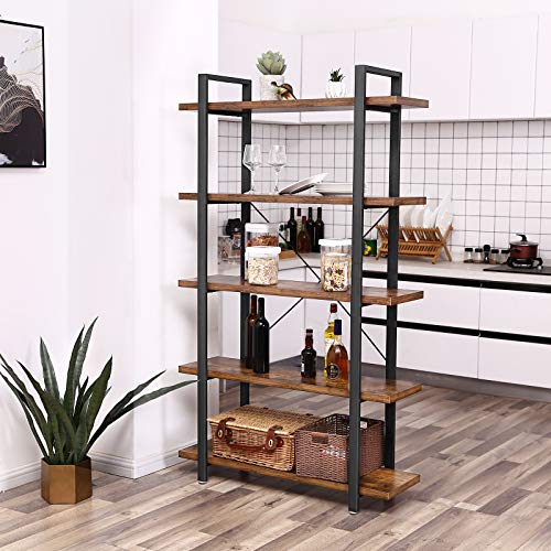 VASAGLE Industrial Bookshelf, 5-Tier Bookcase, Display Rack, Stable Ladder Shelf, Easy Assembly, Living Room, Bedroom, Office, Rustic Brown and Black ULLS55BX