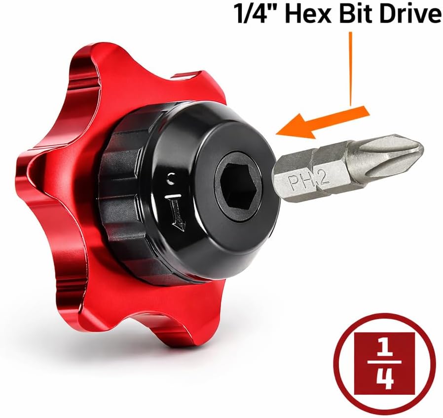 Powerbuilt 1/4-Inch Drive Finger Ratchet, Dual-Sided for 1/4-Inch Sockets and Hex Bits, 36-Tooth Reversible Mechanism, Compact and Lightweight with Red Anodized Finish - 941248