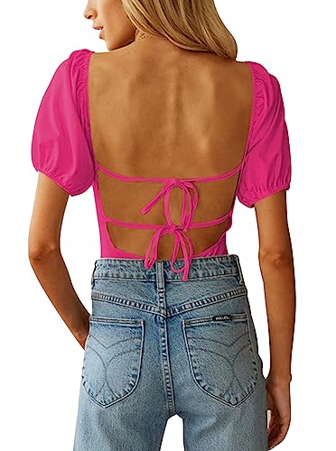 Image of oten Women's Sexy Backless Puff Sleeve Square Neck Tie Back Bodysuit Tops