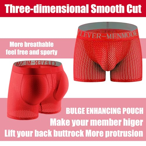 Jockland Mens Padded Underwear, Breathable Mesh Boxer Brief Body Shapewear Butt Lift Enhancer With Hip Removable Pad Red thumb #3