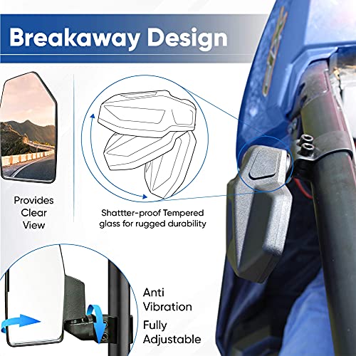Bevel Engineering Utv Rear View Side Mirror Kit (2 Pack) - Compatible With Non-Round Cage Bar - Break Away And Adjustable - High Impact Shatter Proof Tempered Glass (Driver And Passenger Side) #TOP4
