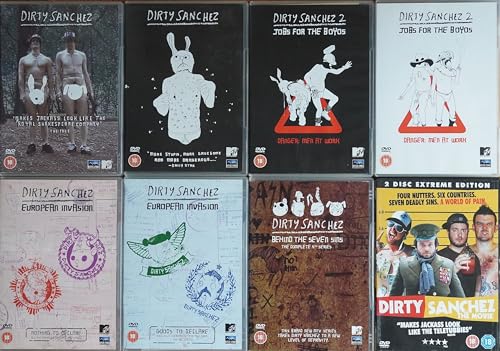 Image of DIRTY SANCHEZ 1-8 COMPLETE COLLECTION 1+2. SERIES 1 PART1+2 / 3+4. SERIES 2 PART 1+2 / 5+6. SERIES 3 PART 1+2 / 7. SERIES 4 / 8. THE MOVIE = COMPLETE FILTH AND MORE 8x DVD SET (10 discs)
