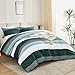 Litanika Dark Emerald Green Bed Comforter Queen Set, 3 Pieces Forest Bedding Set, Double Colorblock Stripe Vintage Bed Set (90x90Comforter, 2 Pillowcases)