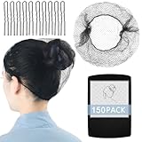 150Pcs Hair Net Black Set - 24 inches Invisible Elasticity Elastic Mesh Nylon Hair Net 144 Pcs - Kitchen Food Service Worker, Ballet Bun,with 10pcs U Shaped Hair Pins 2.4inch