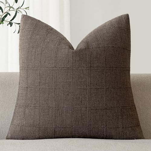 Image of Foindtower Set of 1 Decorative Linen Check Throw Pillow Cover Neutral Farmhouse Vintage Cushion Cover Modern Boho Home Decor for Sofa Chair Couch Bedroom Living Room,20x20 Inch,Dark Brown