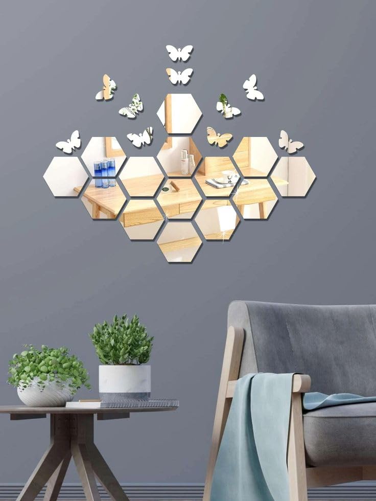 14 Hexagon Silver with 10 Butterflly - Mirror Stickers for Wall Decor - Acrylic Mirror Stickers for Hall, Bed Room, Kitchen-image-7