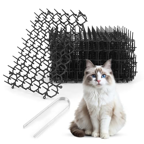 ZESTEFY Cat Deterrent Mat, 12 PCS Cat Spike Mat, Anti Cat Mat with Plastic Spikes, Cat Mat with 4 U Shaped Nail, Cat Barrier for Garden Fence Indoor Furniture, Splicable and Flexible Cutting