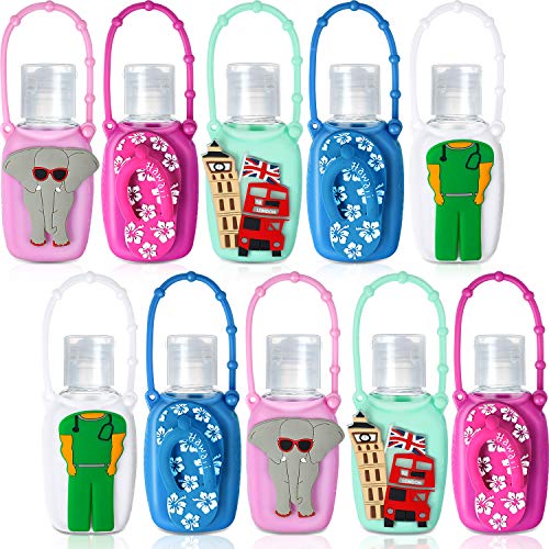 10 Pieces Silicone Cartoon Bottle Holder Keychain Colorful 50 ml Bottle Protective Cases and 10 Hand Bottles, Portable Travel Container Cases for 50 ml Hand Cleaner Liquid Soap Bottle by Boao