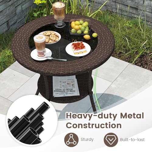 Image of Giantex Round Rattan Wicker Outdoor Coffee Table Glass Top Steel Frame Patio Furniture W /Lower Shelf (Round)