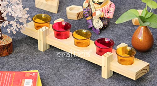Crafticia Wooden Bar Tealight Candle Holder With 5 Bowl Votive Tea Light Stand Natural Lighting Lamp (18X4X3 Inch, Yellow Red) #TOP1