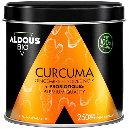 250 Gélules PROBIOTIQUES + Curcuma BIO au Gingembre et Poivre Noir - 1460mg - Curcuma à base de Curcumine et Pipérine - Anti-inflammatoire Naturel - Formule Avancée - Certifié Bio - ALDOUS