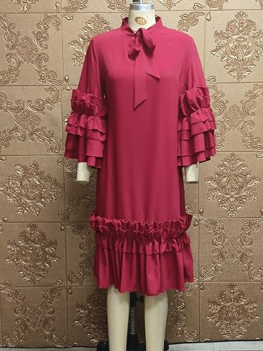 Image of dasmzper Women's Plus Size Midi Dress Ruffle Sleeve Bow Tie Neck Casual A line Swing Midi Dresses